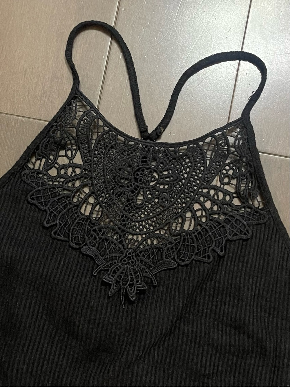 Mudd Black Ribbed Halter Camisole with Crochet Lace